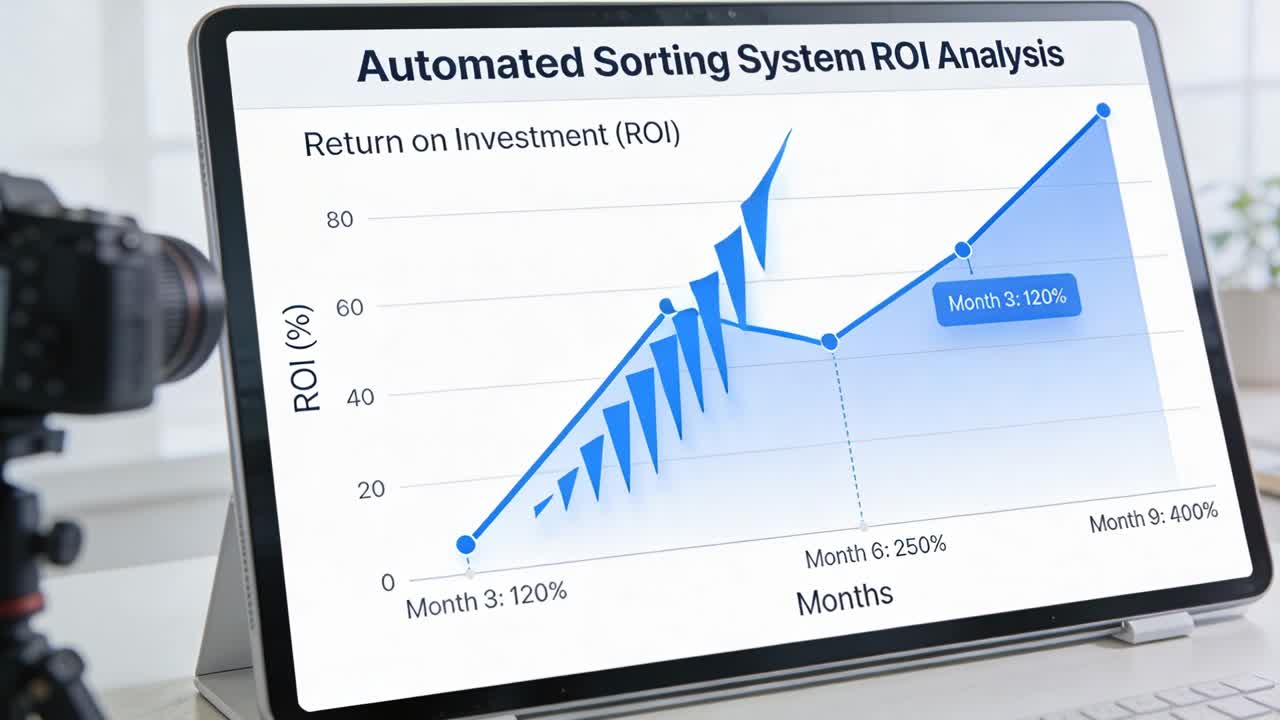 Tablet display showing chevrons animating along ROI line on slide load, highlighting automation ROI
