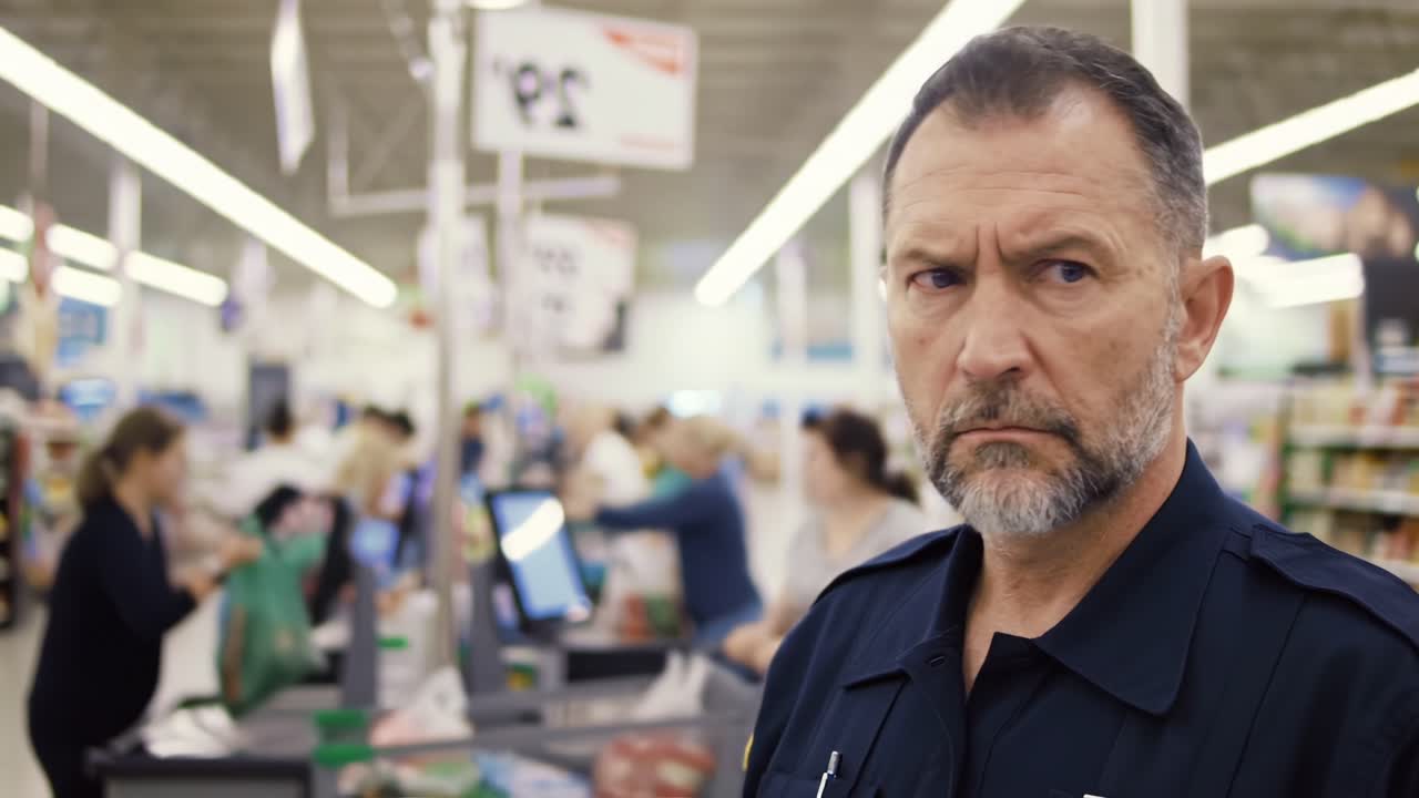 A Dedicated Security Officer Observes Activity in a Busy Store Checkout Area, Highlighting the Importance of Vigilance in Retail Environments