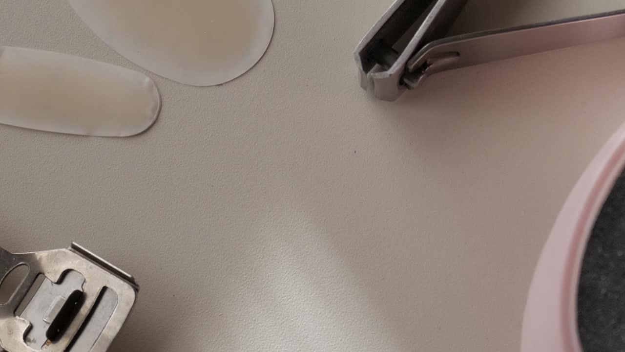 Applying clear nail stickers with a nail clipper, close-up view of manicure tools