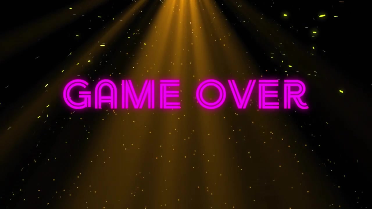Animazione di un banner con testo "Game Over" al neon su scintille di luce e sfondo nero.
