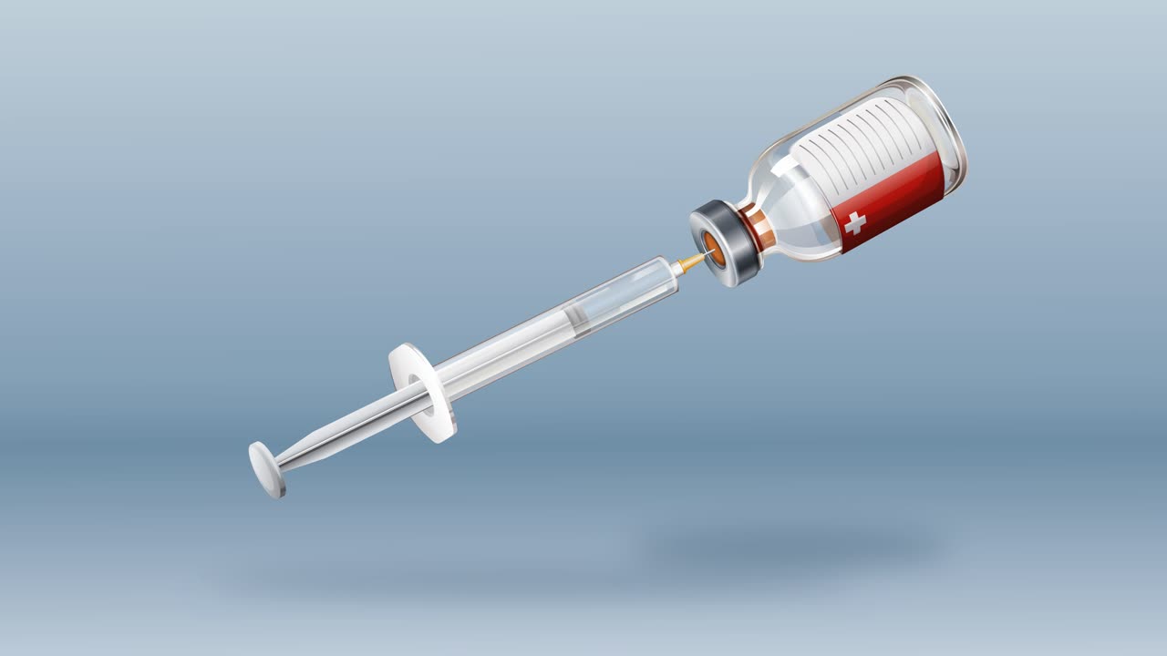 의료 애니메이션에서 주사기와 병의 상호 작용