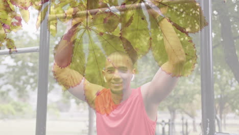 animación de hojas y luz solar sobre el retrato de un atleta masculino sonriente haciendo ejercicio al aire libre