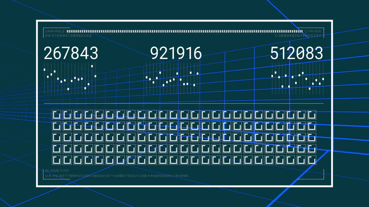 Digital data processing animation with numbers and grid lines on dark background