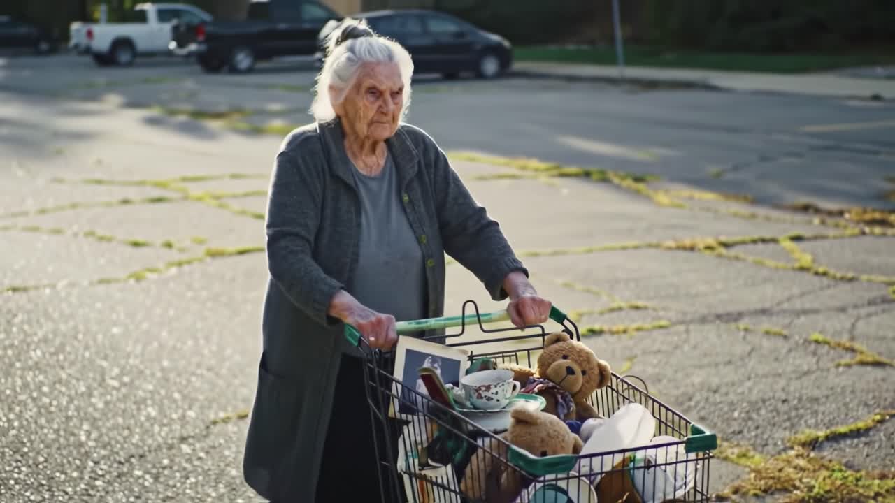 An Elderly Woman Navigating Her Surroundings with a Shopping Cart Full of Cherished Objects, Emotionally Connecting with Memories as She Walks Through the Neighborhood