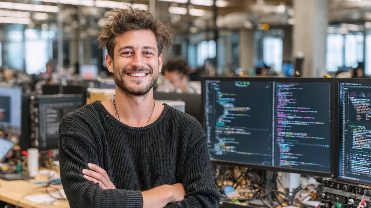 A Confident Software Developer Smiling in a Modern Office Environment Surrounded by Multiple Computer Screens Displaying Code