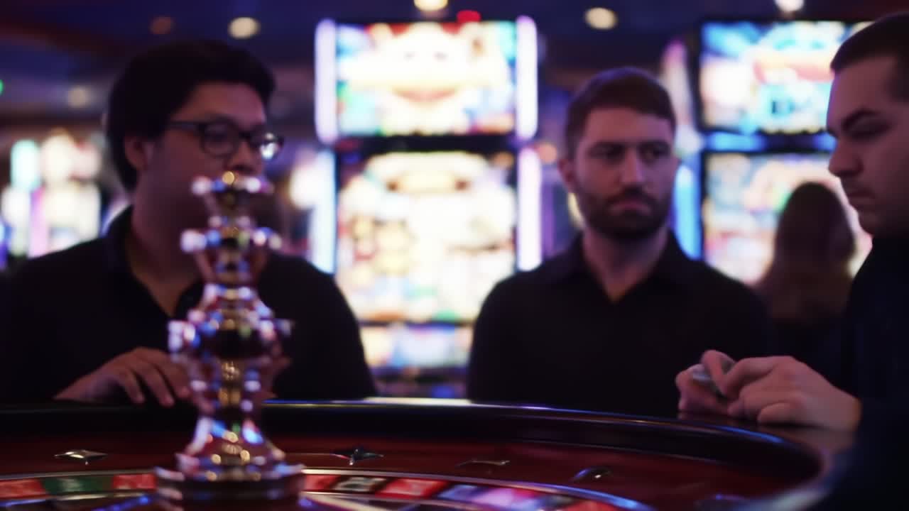 A Night at the Casino: Players Engage in an Exciting Roulette Game Among Glow of Slot Machines and the Thrill of Chance