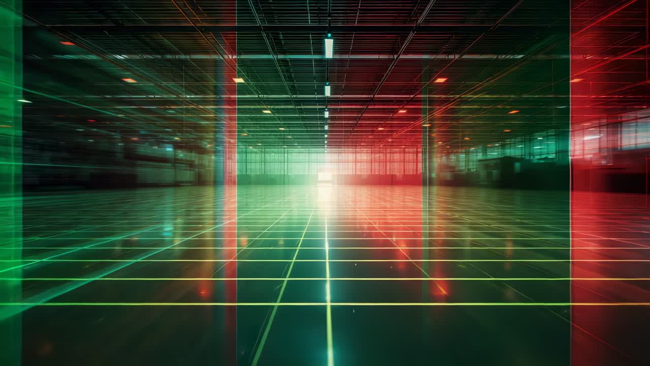 Brightening light causing yellow-green grid lines pulsing inside warehouse, with red green panels