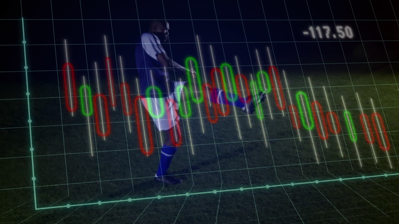 Animación de reloj y procesamiento de datos sobre jugador de fútbol afroamericano con balón en el campo