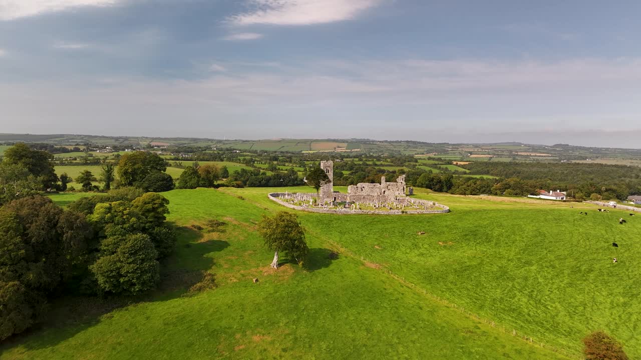 Birds eye view of Slane Abbey historical landmark on hill. Religious historic site, Ireland