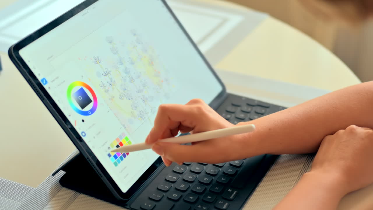 Woman drawing flowers on a tablet with a stylus pen