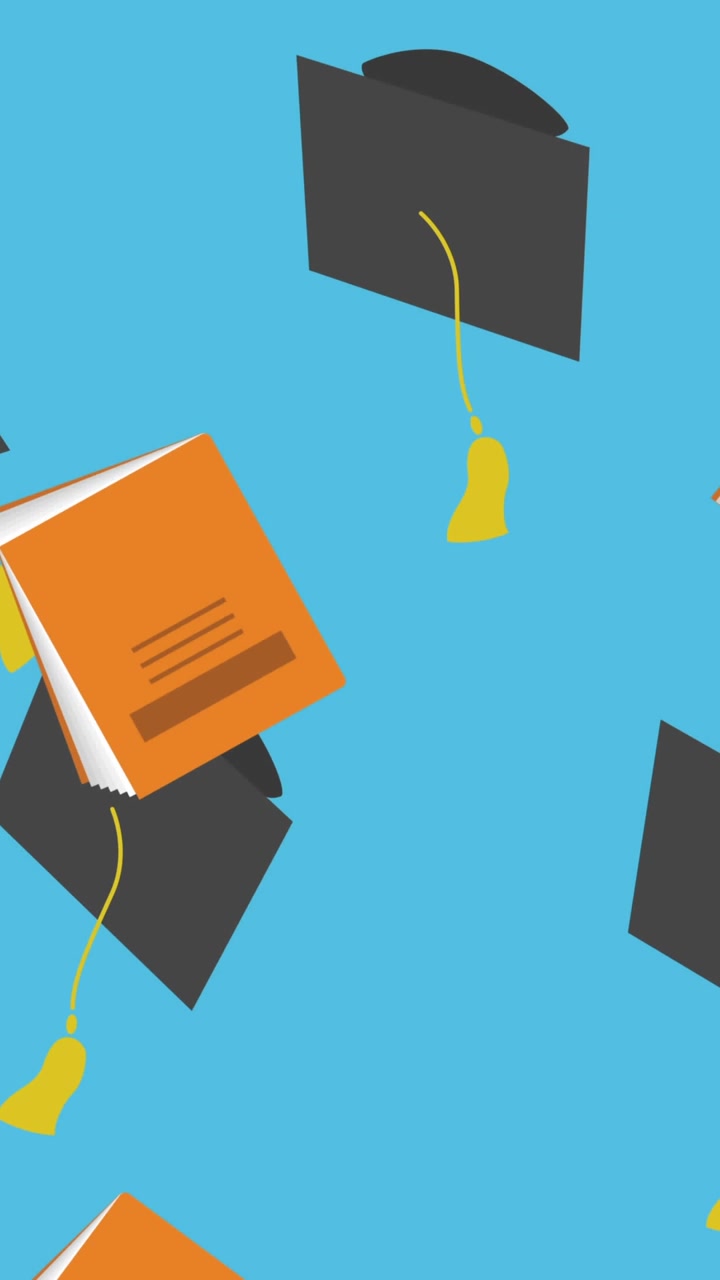 Animation of books and graduation caps over blue background
