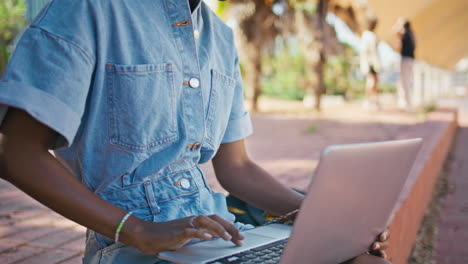 mujer joven trabajando en una computadora portátil en un parque