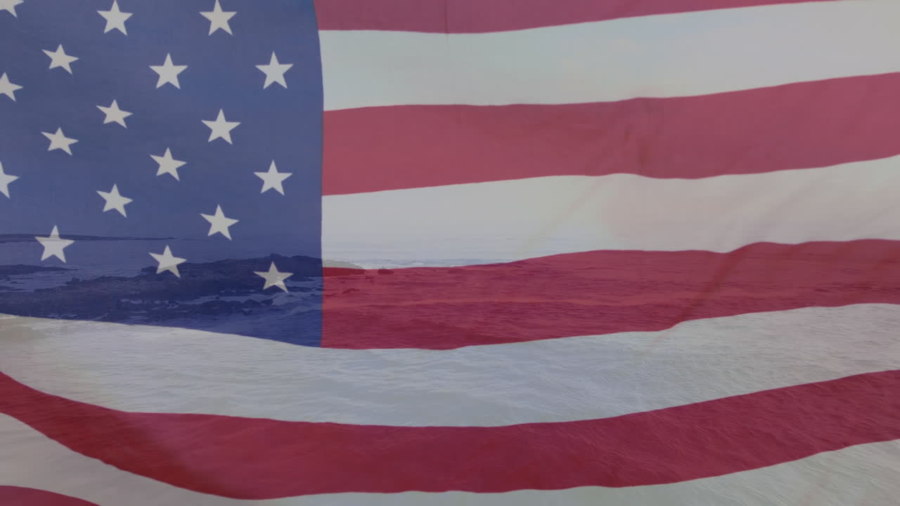 animación de ondear la bandera estadounidense sobre el paisaje marino