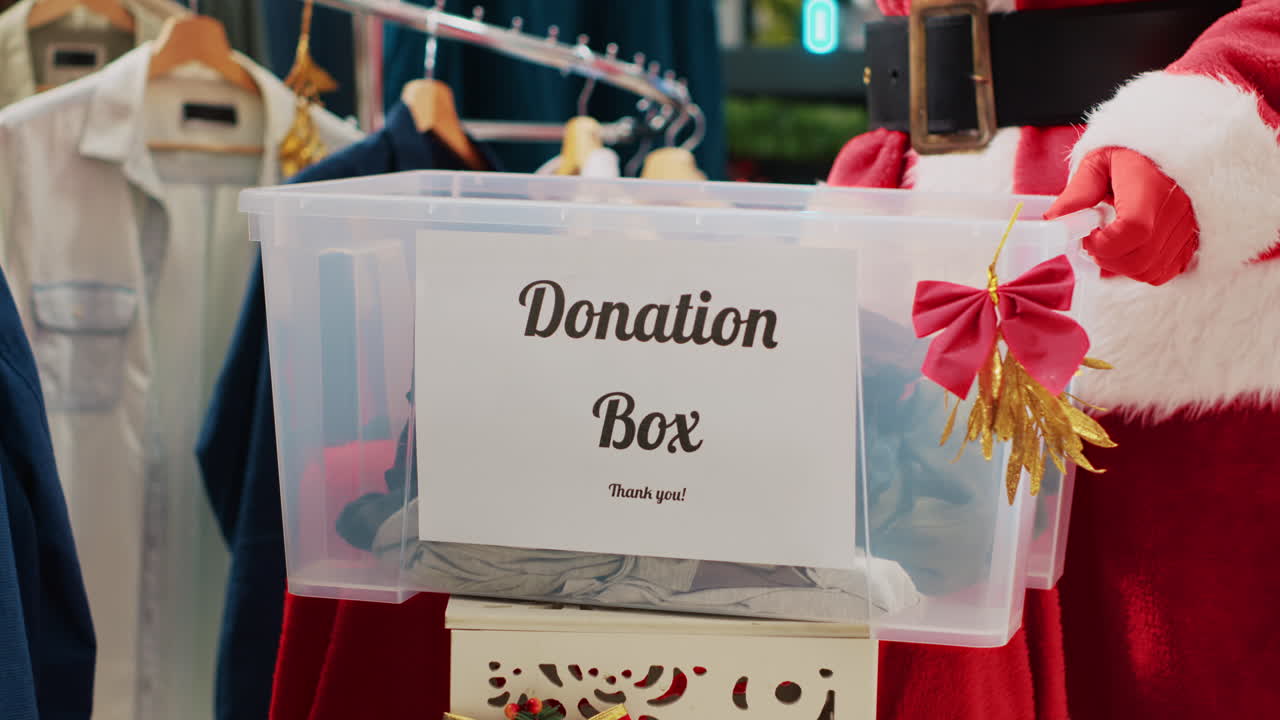 Close up shot of worker dressed as Santa Claus collecting unneeded clothes from customers in donation box, giving them as presentduring Christmas season humanitarian efforts, spreading holiday cheer