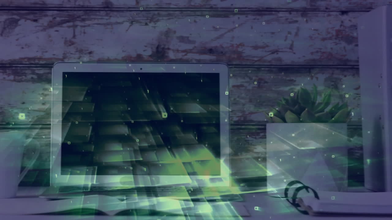 flat design laptop screen displaying digital overlay while white pot holding succulent beside cable