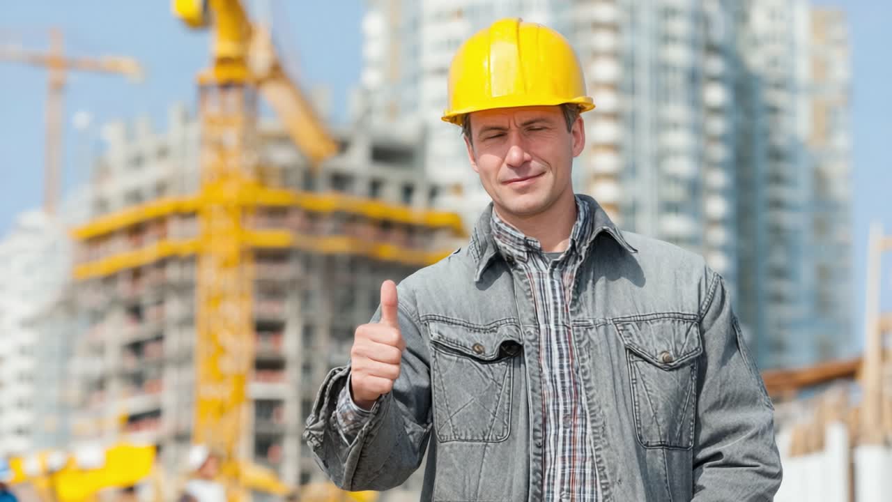 A confident construction worker gives a thumbs-up at a bustling building site, symbolizing progress and teamwork in the construction industry