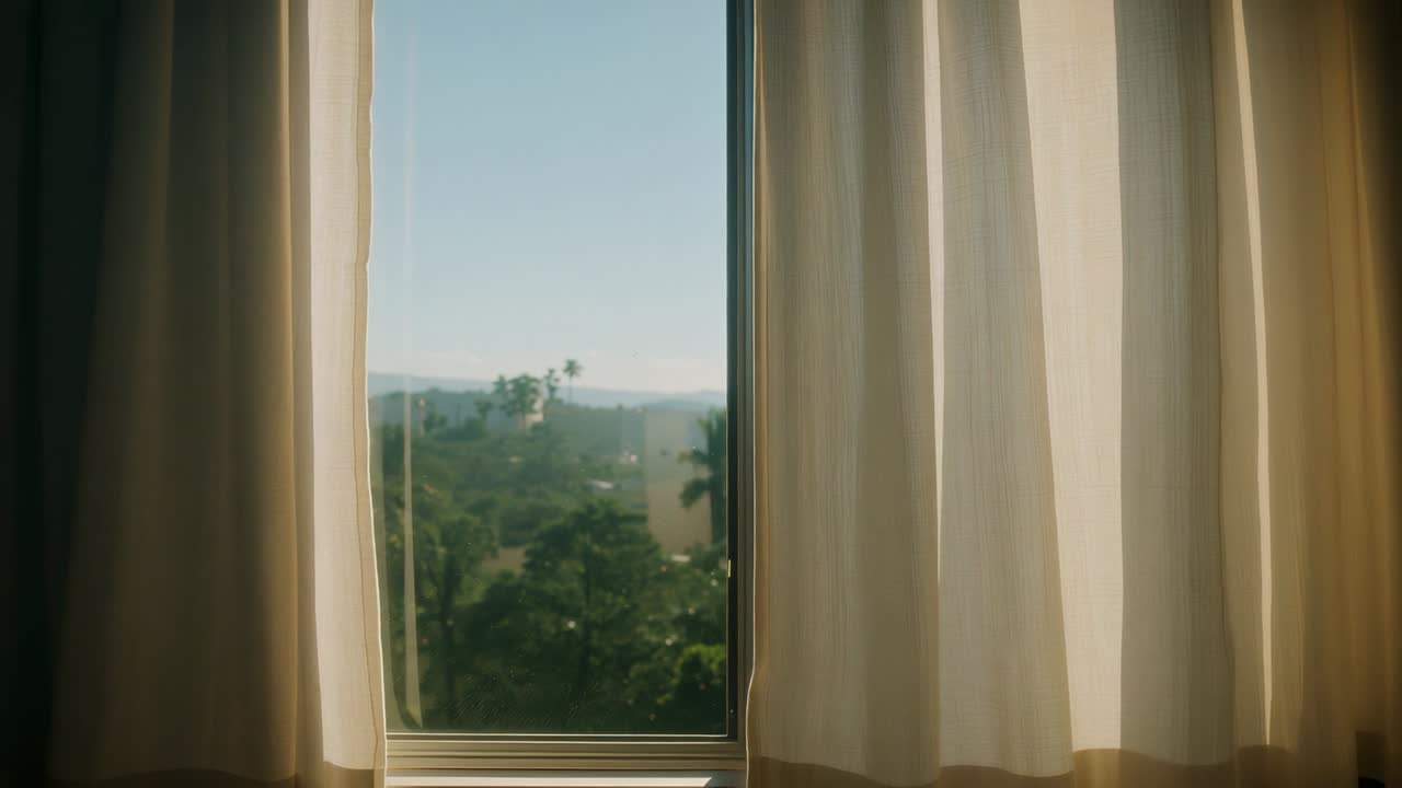 Swaying light beige curtains shifting at center tall window in room, gentle draft revealing palms