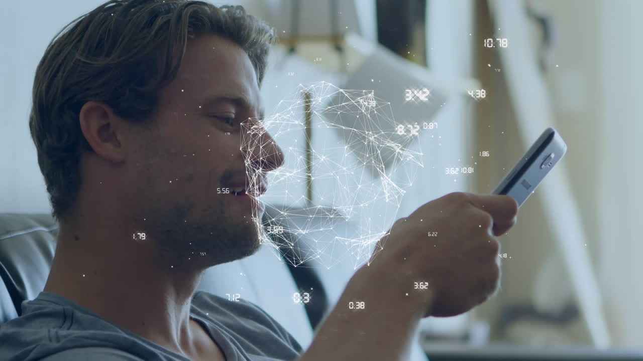 animación del globo digital de conexiones y procesamiento de datos sobre el hombre utilizando un teléfono inteligente