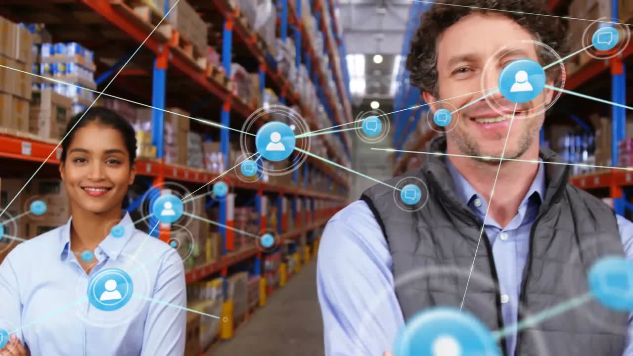 анимация сети соединений с иконами над различными работниками на складе