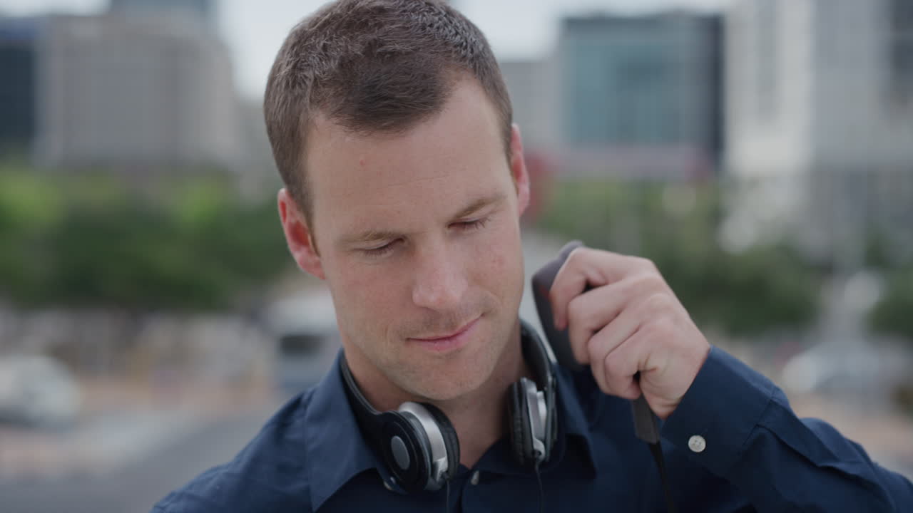 retrato confiado joven hombre de negocios sonriendo disfrutando del estilo de vida urbano profesional en la ciudad hombre caucásico viajando en cámara lenta