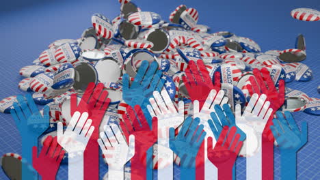 red, white, and blue hands raising animation over election buttons pile