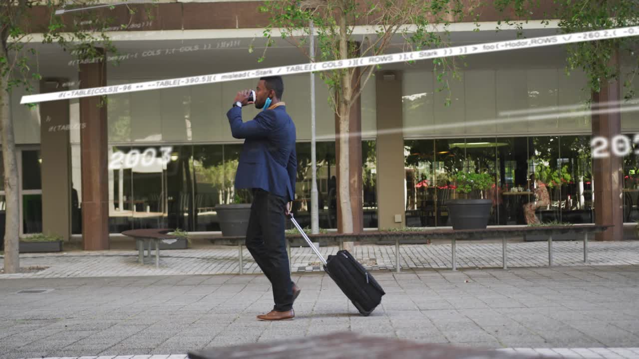 Walking man pulling case, checking phone and sipping coffee, shifting timeline for business commute