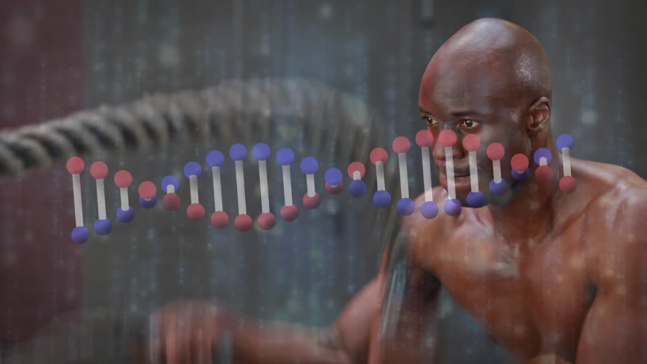Animation of digital interface with rotating dna strand and data processing over sportsman