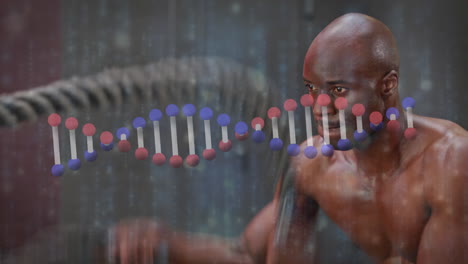 animation of digital interface with rotating dna strand and data processing over sportsman