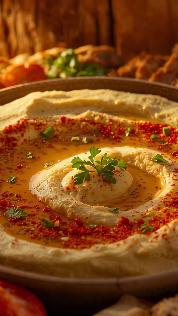 Video verticale: La camera si allontana rivelando una ciotola di hummus centrata su legno, condita con olio, spezie e prezzemolo