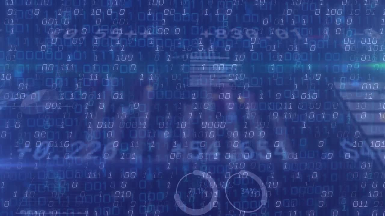 Animation of data processing over stock market and binary coding