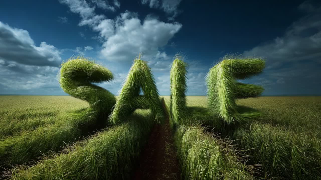 A stunning representation of a vibrant green landscape where towering grass formations spell out the word 'SALE', creating an eye-catching natural advertisement that captivates viewers