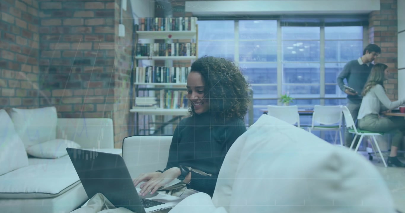 Animation of blurred shapes over business people caucasian businesswoman using laptop