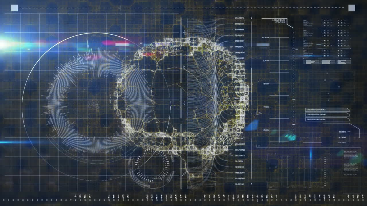 Animation of digital brain scan with colorful graphs on grid background
