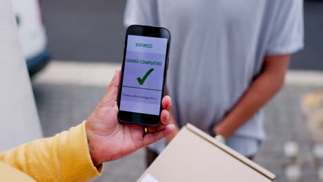 Delivery man, box and old woman with payment