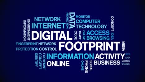 4k digital footprint animated tag word cloud,text animation seamless loop.