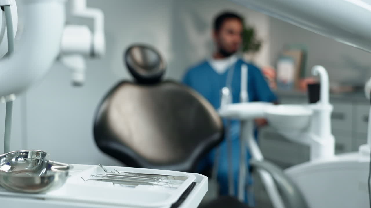 Close up of dental tools on a tray in a dental office