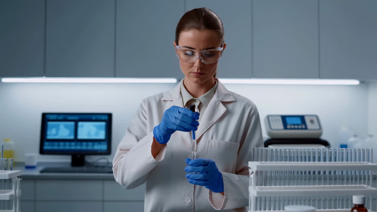Scienziata caucasica pipetta campioni in un moderno laboratorio clinico, indossando guanti e occhiali protettivi e riempiendo.
