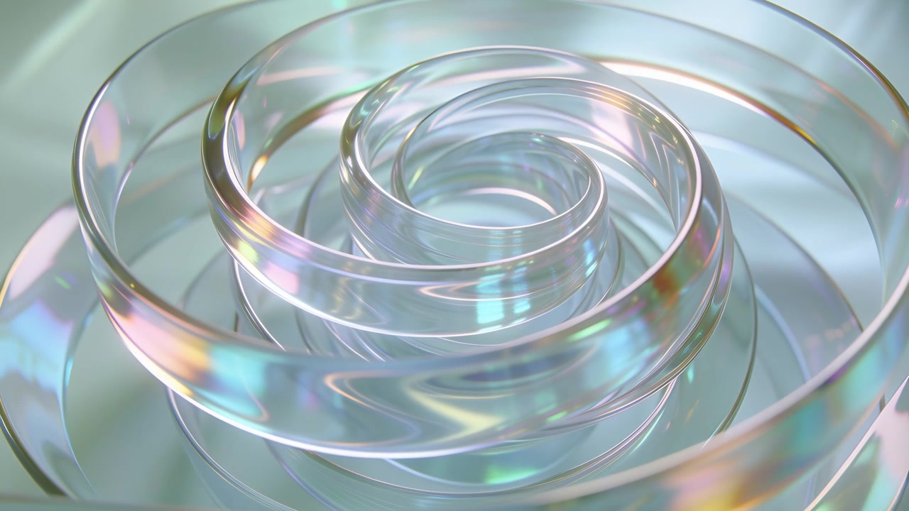 Turning glass spiral ribbon on shiny studio base, with camera moving and satin drape catching light