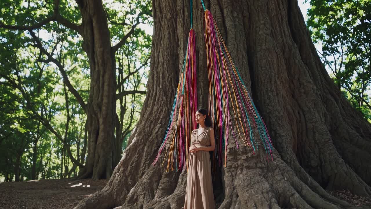 Young woman wearing a long dress meditating in front of a large sacred tree decorated with colorful ribbons in a forest, celebrating spirituality and nature connection