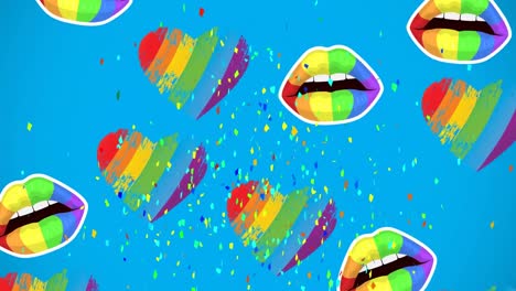 Animation-of-rainbow-hearts,-lips-and-confetti-over-blue-background