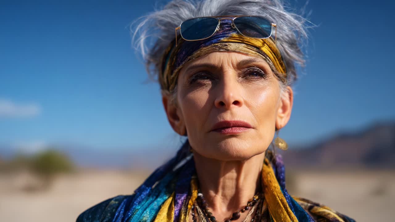 Una mujer enigmática con pelo gris y un atuendo colorido se encuentra en un entorno desértico, reflejando una sensación de calma y confianza bajo un cielo azul brillante