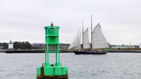 Stunning-tracking-shot-of-a-beautiful-Schooner-in-the-the-Casco-Bay-in-Maine