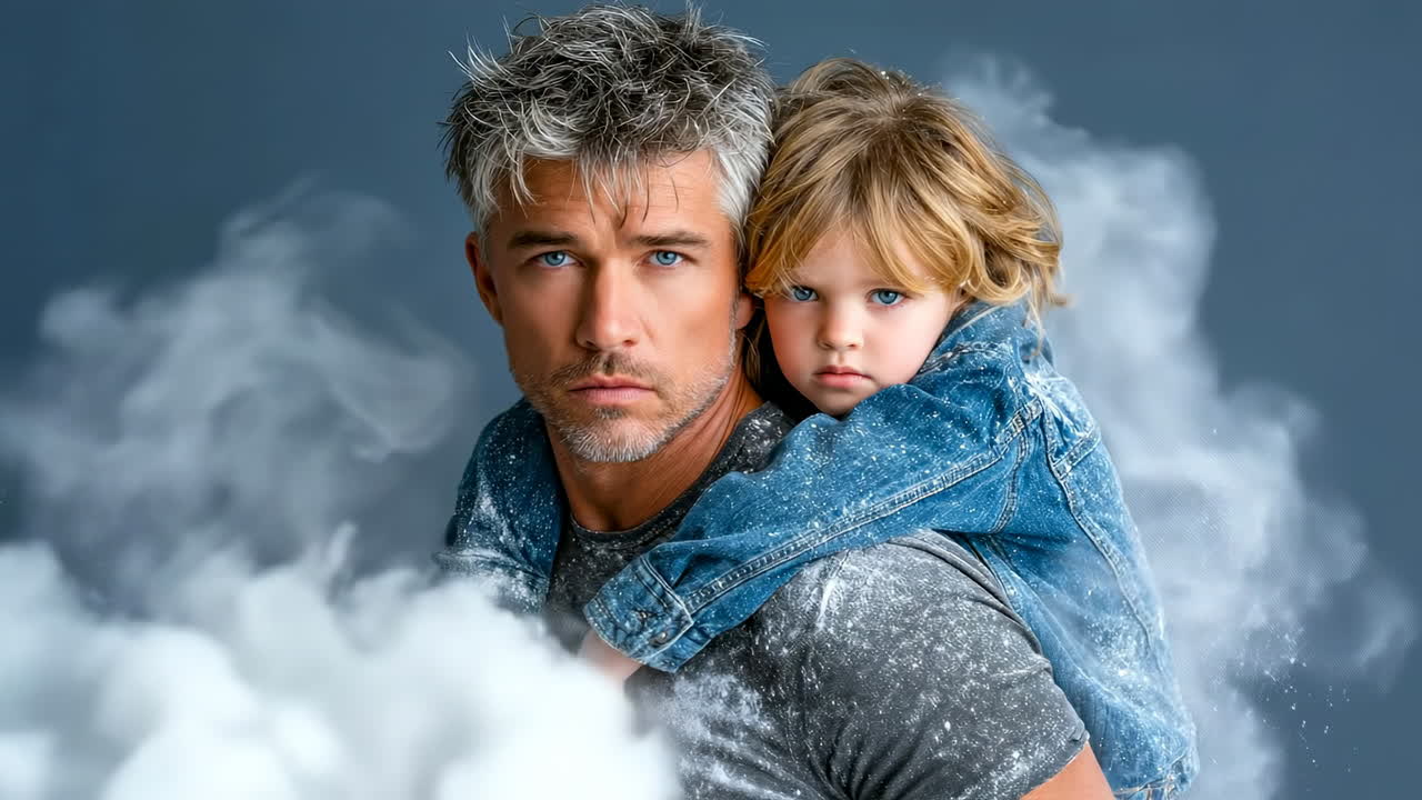 Bonding moment in a smoky atmosphere. A man carries a young child on his back while surrounded by soft, gray smoke, creating an intimate and emotional scene