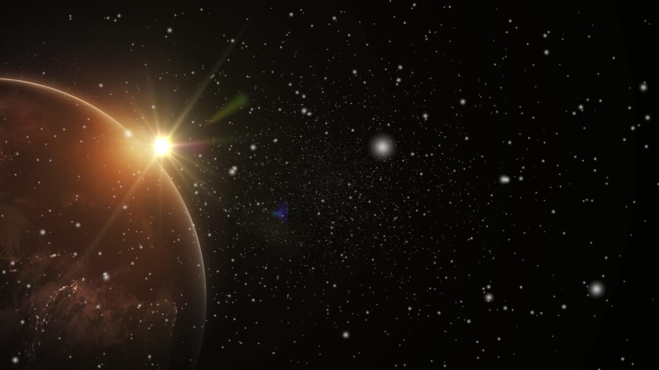an orange planet in the universe with bright lights on its surface