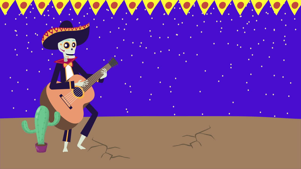 animazione viva mexico con skull mariachi che suona la chitarra