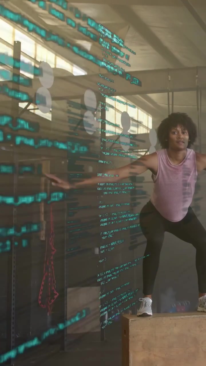 Vertical video: Woman swinging arms causing box jumps, training balance teal overlay obscuring body
