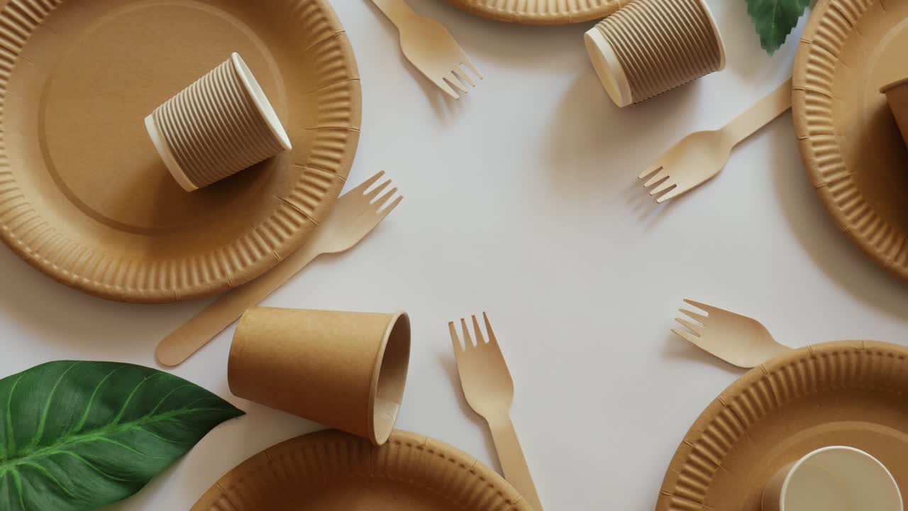 eco vajilla. platos y vasos vista superior. materias primas secundarias. salvemos el medio ambiente. 4k