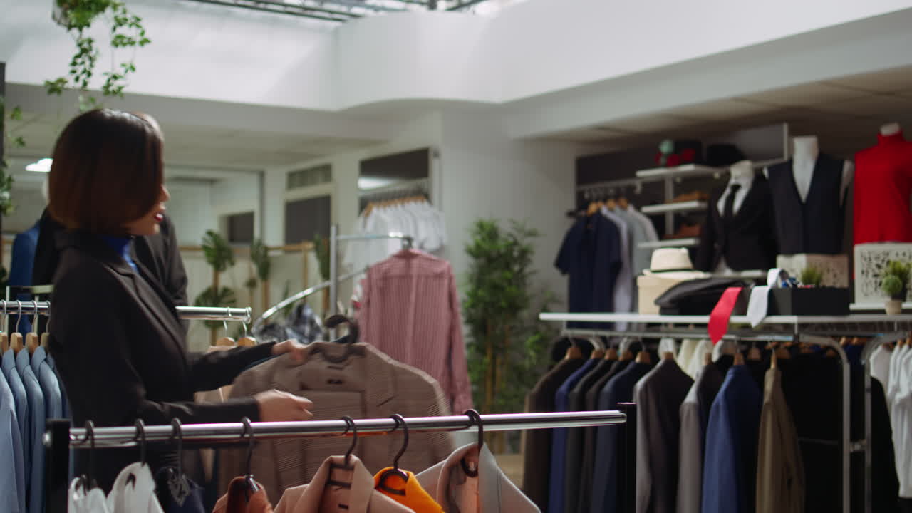 여자 가 패션 가게 에서 옷 을 구입 하고 있다