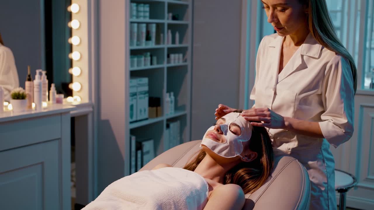 mujer recibiendo tratamiento de máscara facial en un spa
