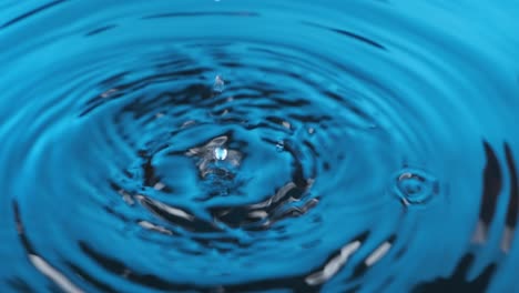 panorama of a drops of water falling in blue water. beautiful circular wave, ripple.